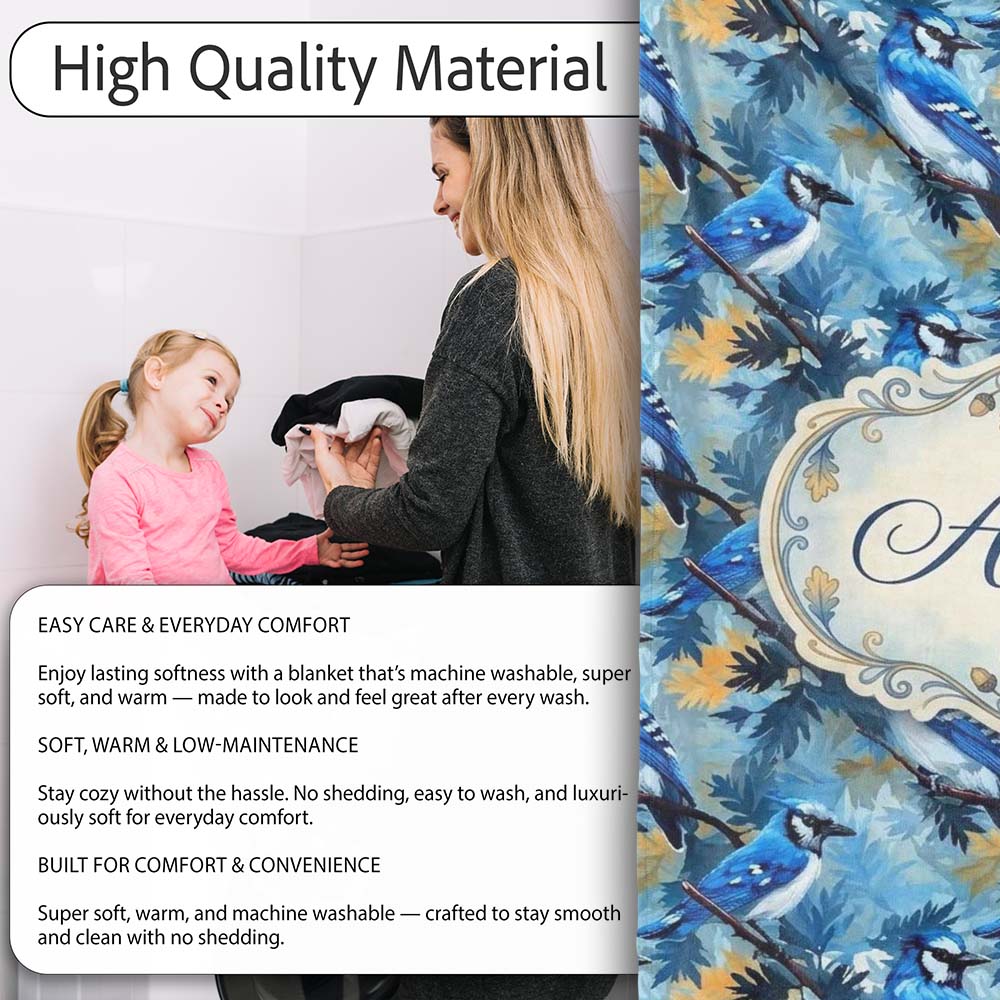 Blue Jay Bird Artistic Foliage Painterly Botanical Wildlife Design  Personalised Custom Name Super Soft Fleece Blanket Bed Sofa Throw
