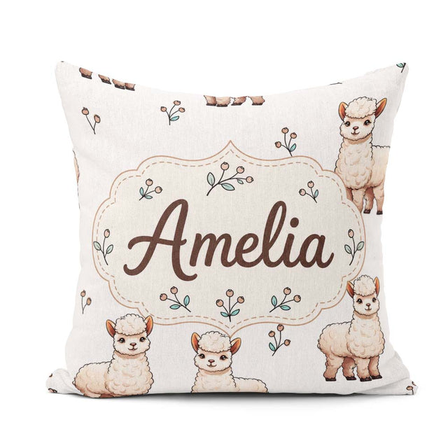Custom Name Alpaca Llama Farm Animals Floral Seamless Light Grey Square Filled Cushion Throw Pillow Sofa Bed Home Decor Zip Washable UK Made