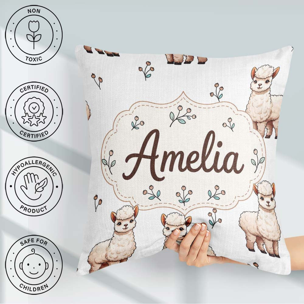 Custom Name Alpaca Llama Farm Animals Floral Seamless Light Grey Square Filled Cushion Throw Pillow Sofa Bed Home Decor Zip Washable UK Made