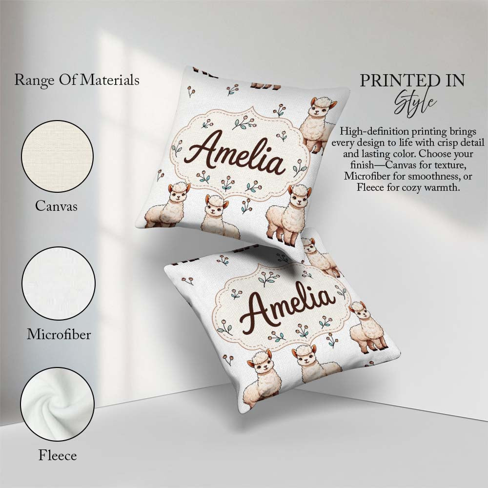 Custom Name Alpaca Llama Farm Animals Floral Seamless Light Grey Square Filled Cushion Throw Pillow Sofa Bed Home Decor Zip Washable UK Made