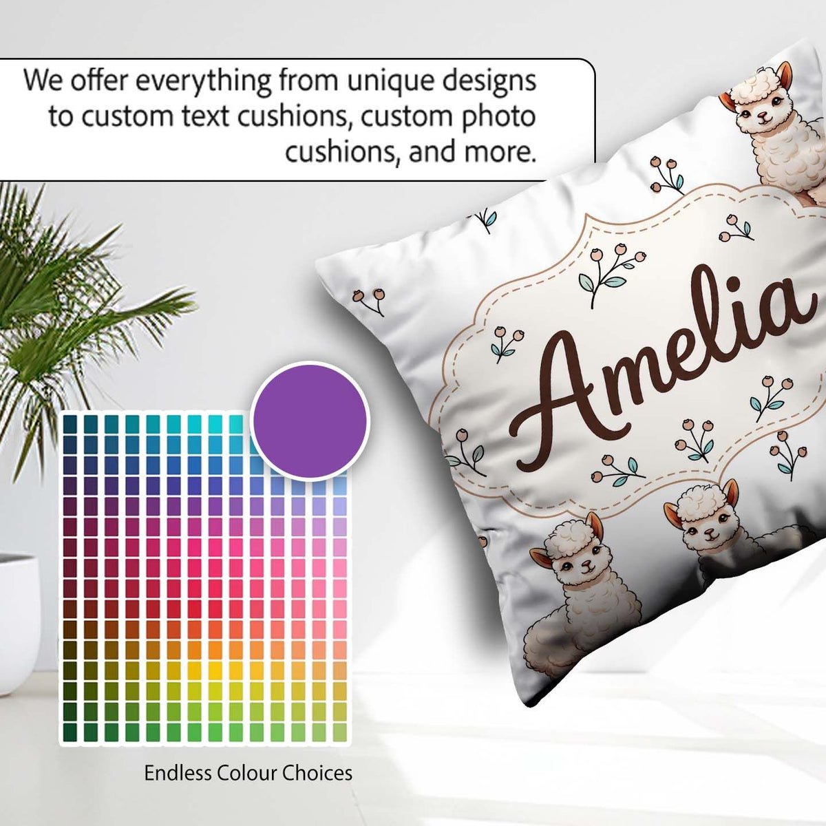 Custom Name Alpaca Llama Farm Animals Floral Seamless Light Grey Square Filled Cushion Throw Pillow Sofa Bed Home Decor Zip Washable UK Made