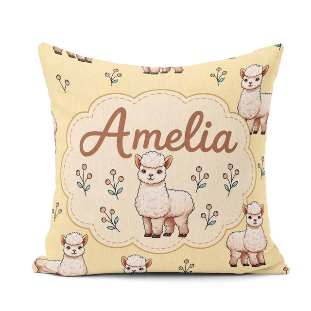 Custom Name Alpaca Llama Farm Animals Floral Seamless Warm Beige Square Filled Cushion Throw Pillow Sofa Bed Home Decor Zip Washable UK Made