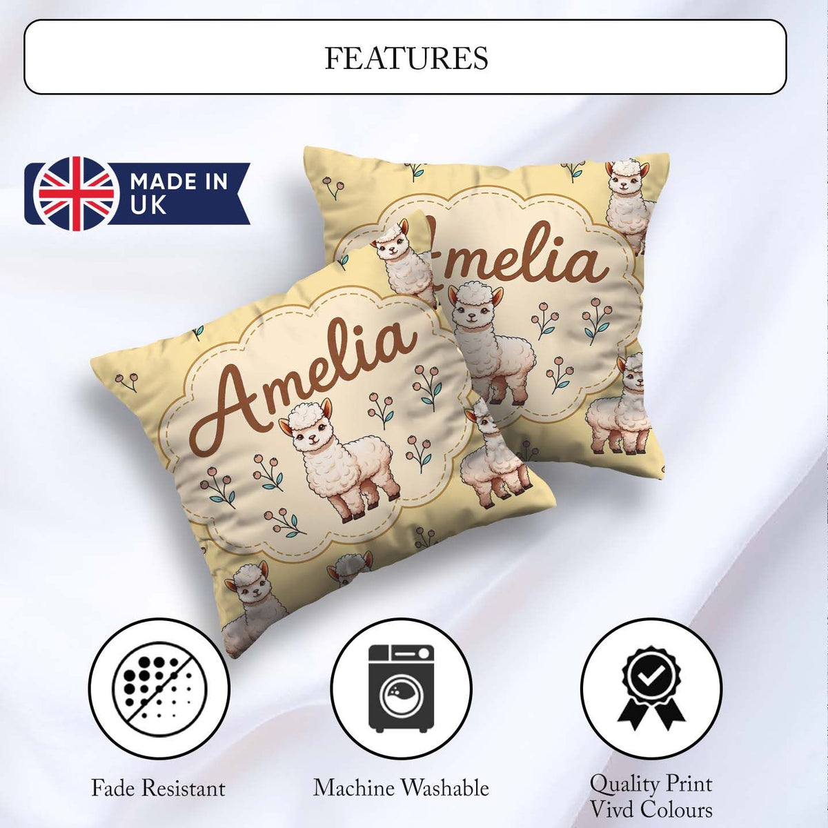 Custom Name Alpaca Llama Farm Animals Floral Seamless Warm Beige Square Filled Cushion Throw Pillow Sofa Bed Home Decor Zip Washable UK Made