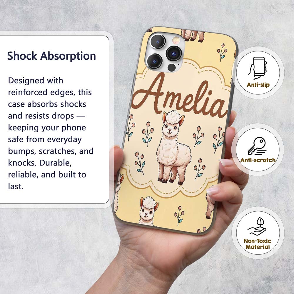 Cute Alpaca Llama Farm Animals Floral Seamless Custom Name Protective Phone Case Mobile Cover Durable Everyday Smartphone Shock Resistant