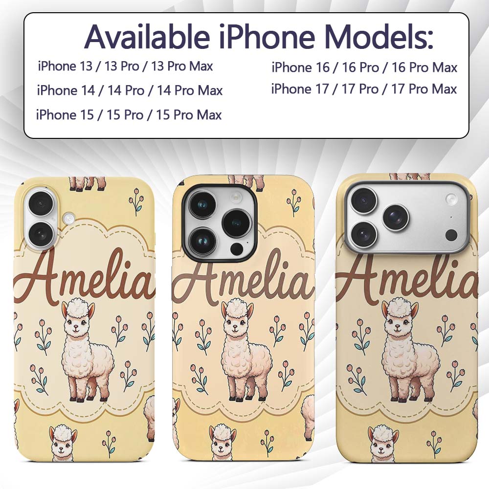 Cute Alpaca Llama Farm Animals Floral Seamless Custom Name Protective Phone Case Mobile Cover Durable Everyday Smartphone Shock Resistant
