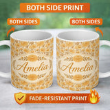Personalized Custom Name Vintage Orange Floral Botanical on Beige Seamless Pattern Lovely 11oz Ceramic Coffee Tea Mug White Large Handle