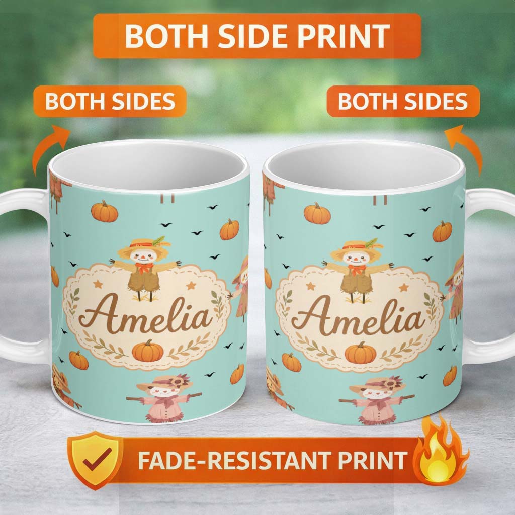 Personalized Custom Name Cute Autumn Scarecrow Pumpkin Birds Seamless Pattern Mint Background 11oz Ceramic Coffee Tea Mug White Large Handle