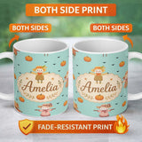 Personalized Custom Name Cute Autumn Scarecrow Pumpkin Birds Seamless Pattern Mint Background 11oz Ceramic Coffee Tea Mug White Large Handle