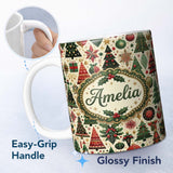 Personalized Custom Name Luxury Christmas Tree Ornament Star Bauble Festive Seamless Pattern 11oz Ceramic Coffee Tea Mug White Large Handle