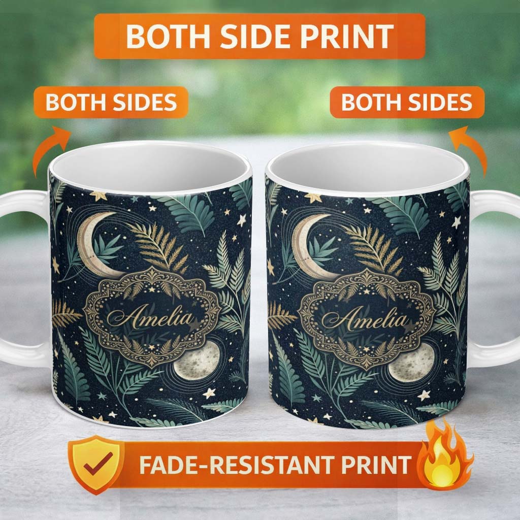 Personalized Custom Name Botanical Moon Leaves Stars Night Sky Seamless Pattern Lovely 11oz Ceramic Coffee Tea Mug White Large Handle