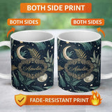 Personalized Custom Name Botanical Moon Leaves Stars Night Sky Seamless Pattern Lovely 11oz Ceramic Coffee Tea Mug White Large Handle