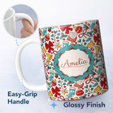 Personalized Custom Name Holiday Bells Bows Stockings Candy Cane Christmas Seamless Pattern 11oz Ceramic Coffee Tea Mug White Large Handle