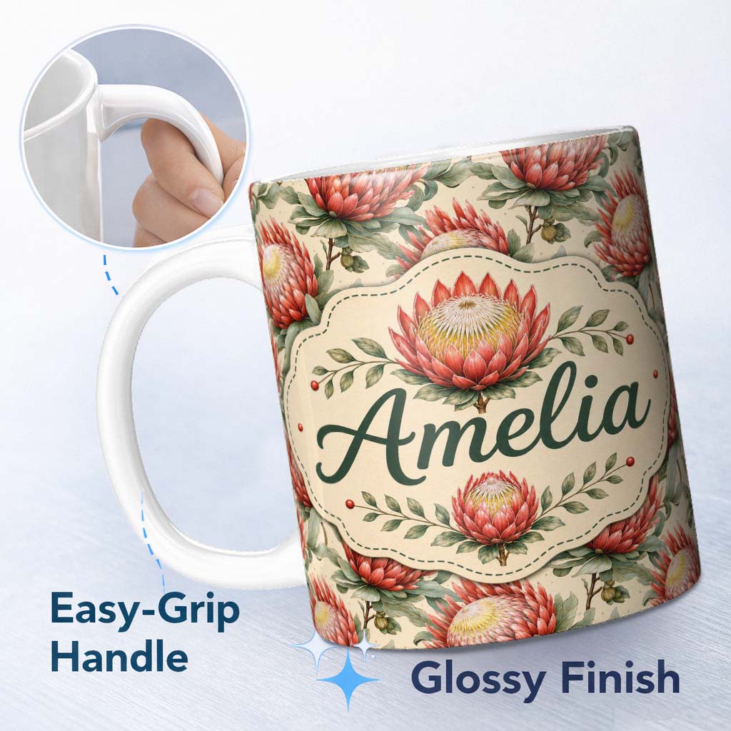Personalized Custom Name Soft Red Protea Floral Botanical Seamless Pattern Cute Unique Gift 11oz Ceramic Coffee Tea Mug White Large Handle