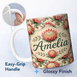 Personalized Custom Name Soft Red Protea Floral Botanical Seamless Pattern Cute Unique Gift 11oz Ceramic Coffee Tea Mug White Large Handle
