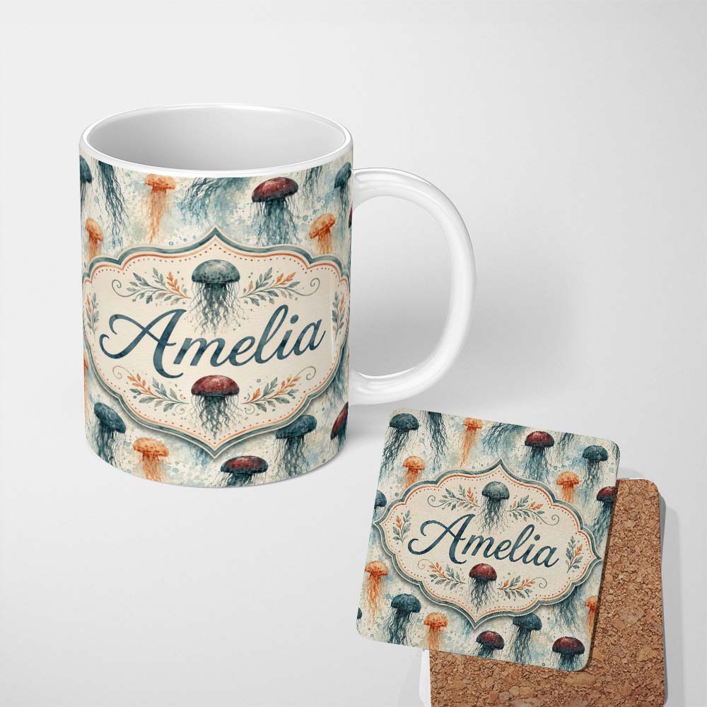 Personalized Custom Name Muted Jellyfish Marine Pattern in Soft Neutral Tones Seamless Ocean 11oz Ceramic Coffee Tea Mug White Large Handle