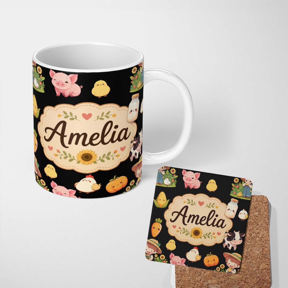 Personalized Custom Name Cute Farm Girl Animals Harvest Seamless Pattern Black Background 11oz Ceramic Coffee Tea Mug White Large Handle
