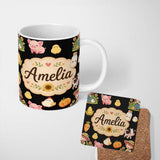 Personalized Custom Name Cute Farm Girl Animals Harvest Seamless Pattern Black Background 11oz Ceramic Coffee Tea Mug White Large Handle