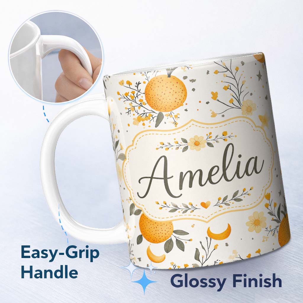Personalized Custom Name Fresh Oranges with Delicate Floral Botanical Pattern Seamless Lovely 11oz Ceramic Coffee Tea Mug White Large Handle
