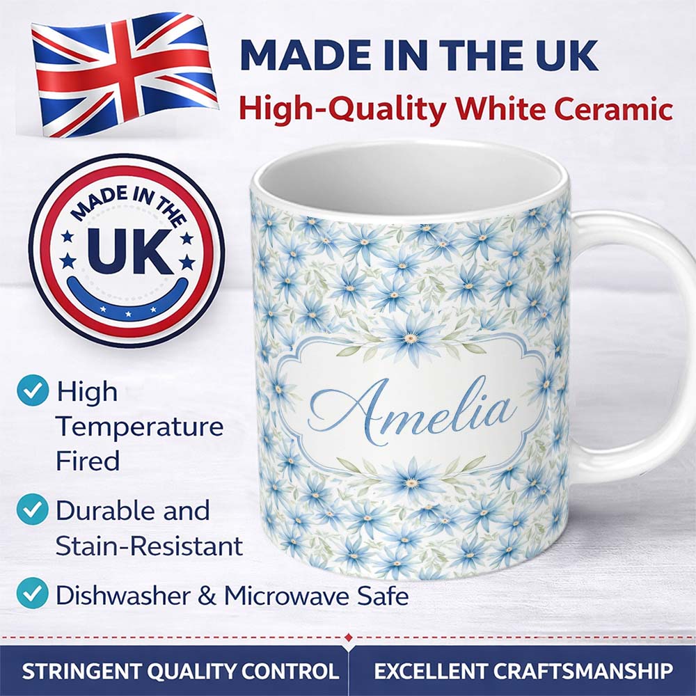 Personalized Custom Name Light Blue Daisy Style Floral Seamless Pattern Thoughtful Gift Idea 11oz Ceramic Coffee Tea Mug White Large Handle