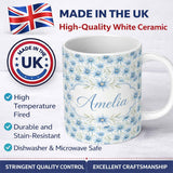 Personalized Custom Name Light Blue Daisy Style Floral Seamless Pattern Thoughtful Gift Idea 11oz Ceramic Coffee Tea Mug White Large Handle