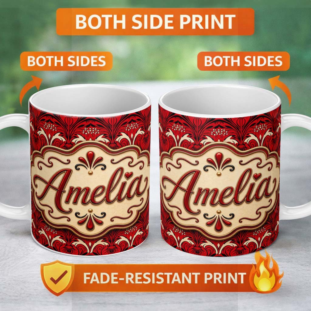 Personalized Custom Name Bold Red Black Art Deco Damask Pattern Seamless Pattern Lovely 11oz Ceramic Coffee Tea Mug White Large Handle