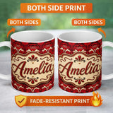 Personalized Custom Name Bold Red Black Art Deco Damask Pattern Seamless Pattern Lovely 11oz Ceramic Coffee Tea Mug White Large Handle