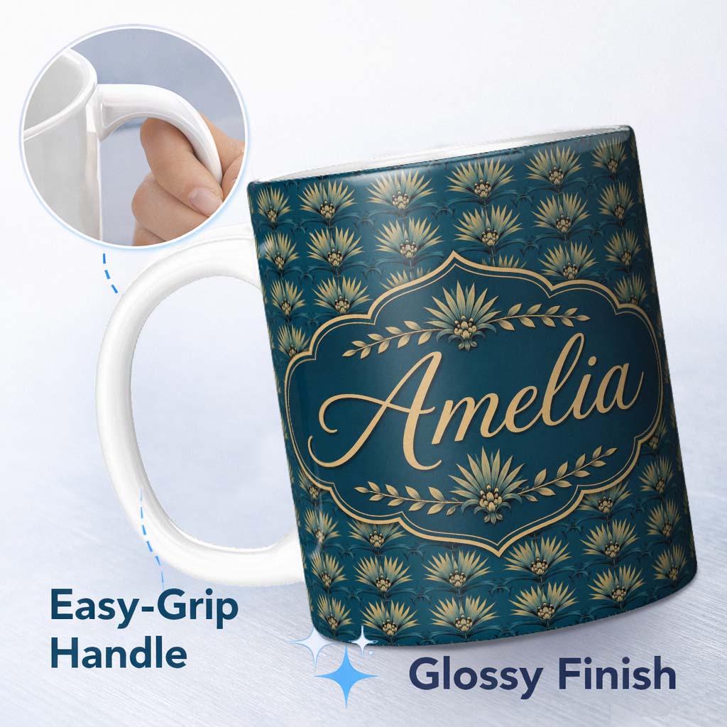 Personalized Custom Name Art Deco Gold and Teal Floral Fan Seamless Pattern Cute Unique Gift 11oz Ceramic Coffee Tea Mug White Large Handle