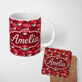Personalized Custom Name Red White Mushroom Pixel Art Seamless Pattern Cute Unique Gift 11oz Ceramic Coffee Tea Mug White Large Handle