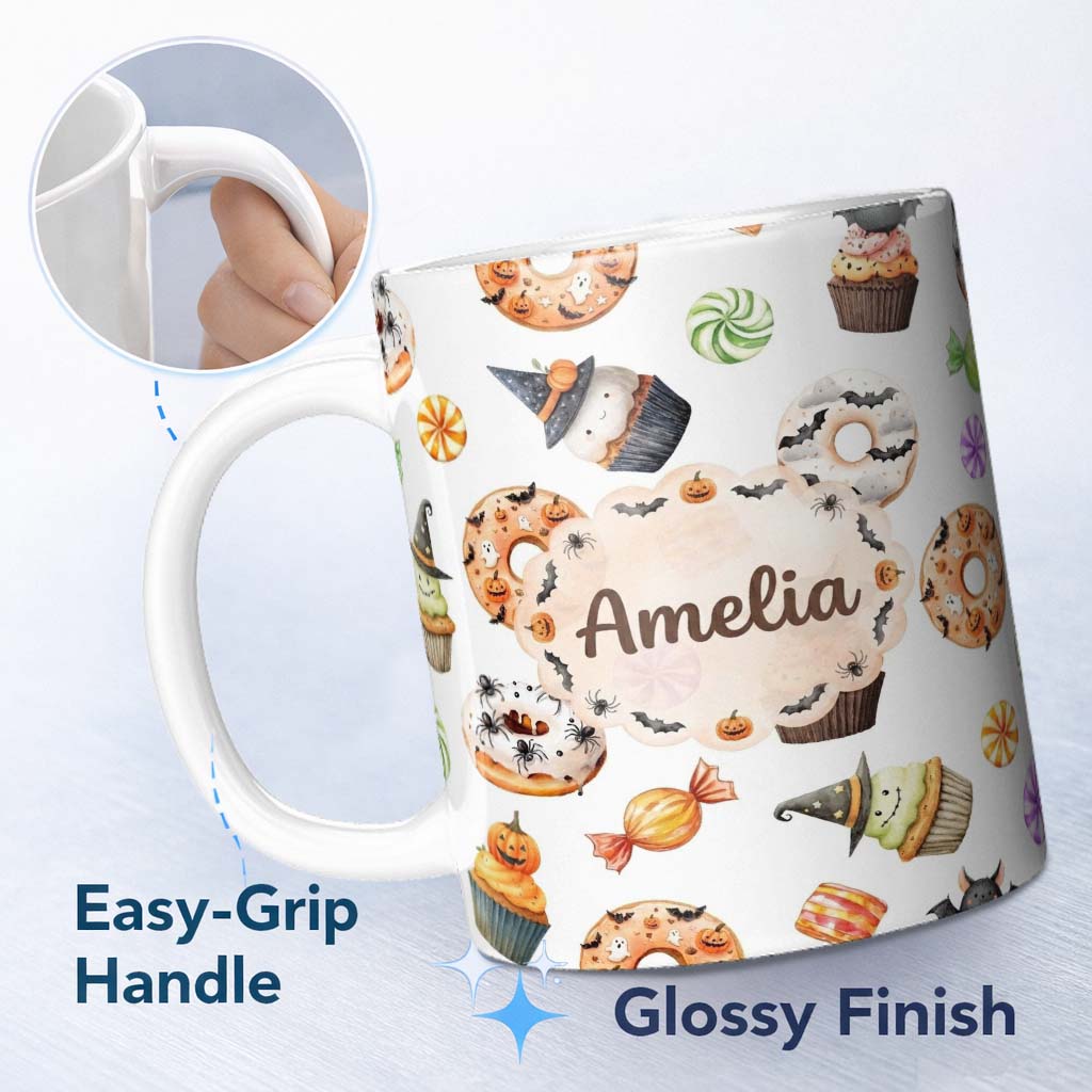 Personalized Custom Name Cute Halloween Donuts Cupcakes Bats Candy and Pumpkins White Lovely 11oz Ceramic Coffee Tea Mug White Large Handle