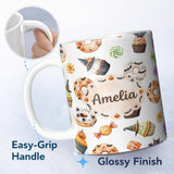 Personalized Custom Name Cute Halloween Donuts Cupcakes Bats Candy and Pumpkins White Lovely 11oz Ceramic Coffee Tea Mug White Large Handle