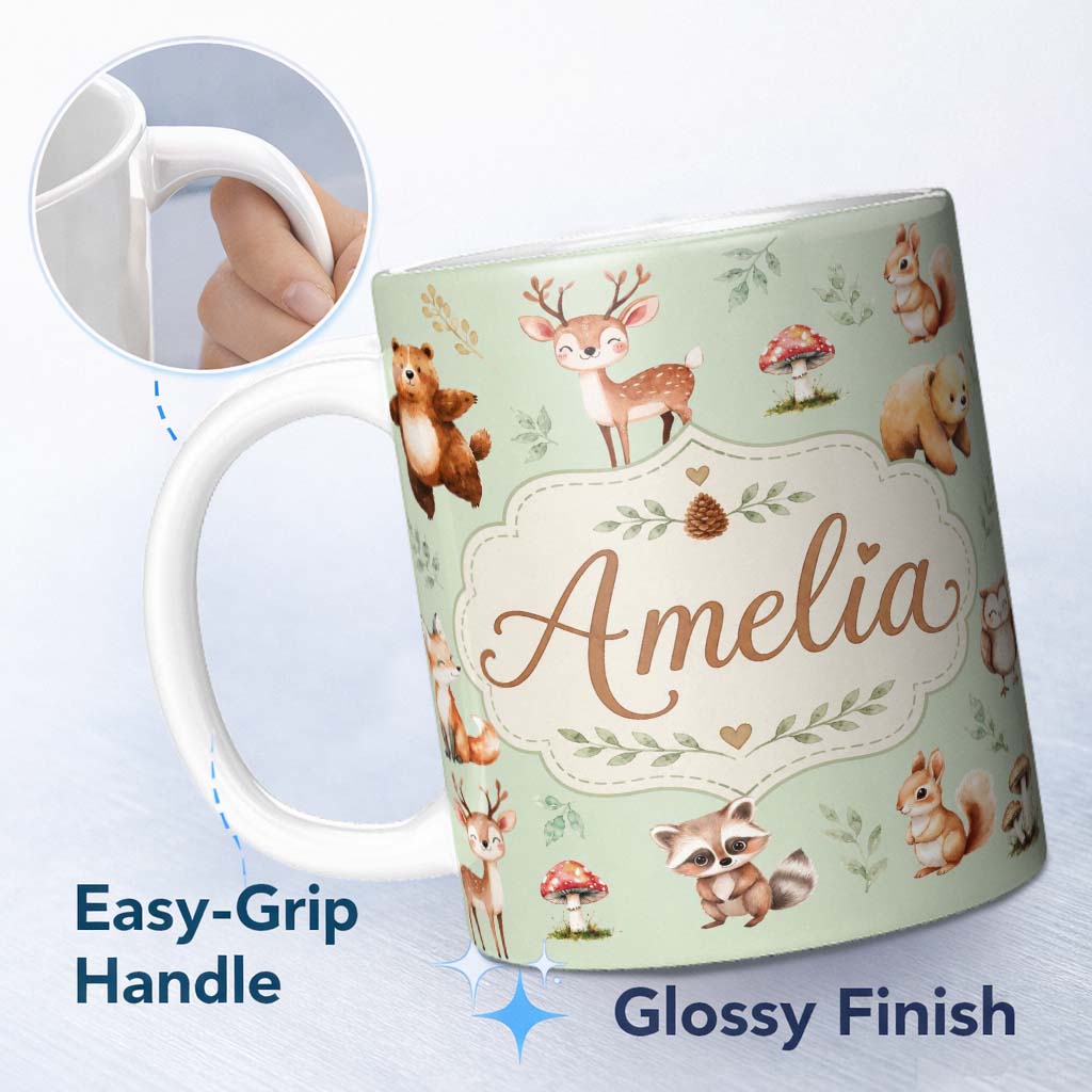 Personalized Custom Name Woodland Deer Bear Fox Owl Raccoon Leaves Mushrooms Sage Green 11oz Ceramic Coffee Tea Mug White Large Handle