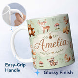 Personalized Custom Name Woodland Deer Bear Fox Owl Raccoon Leaves Mushrooms Sage Green 11oz Ceramic Coffee Tea Mug White Large Handle