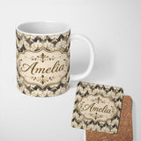 Personalized Custom Name Elegant Vintage Damask Floral Beige and Charcoal Seamless Pattern 11oz Ceramic Coffee Tea Mug White Large Handle