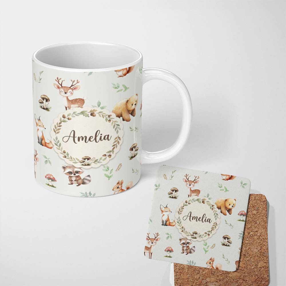 Personalized Custom Name Forest Animals Bear Deer Fox Owl Raccoon on Light Grey Seamless 11oz Ceramic Coffee Tea Mug White Large Handle