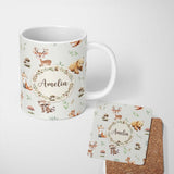 Personalized Custom Name Forest Animals Bear Deer Fox Owl Raccoon on Light Grey Seamless 11oz Ceramic Coffee Tea Mug White Large Handle
