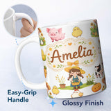 Personalized Custom Name Cute Farm Girl Animals Harvest Seamless Pattern Grey Background 11oz Ceramic Coffee Tea Mug White Large Handle