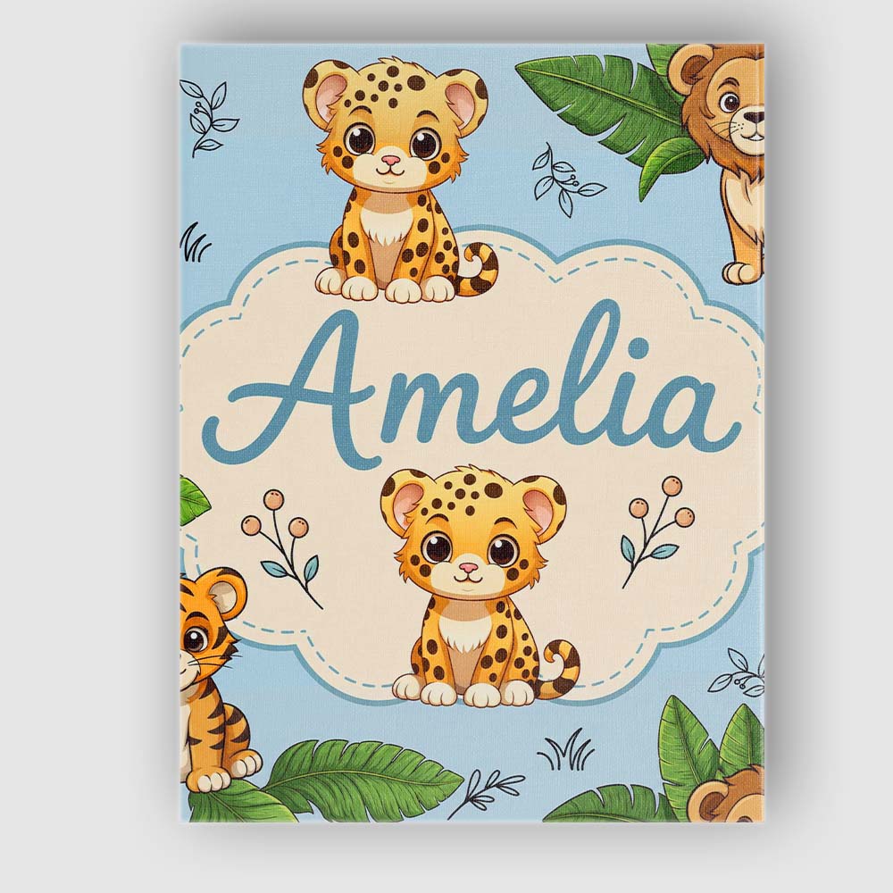 Personalised Name Cute Jungle Animals Lion Custom  Unique Gift Idea Elegant Feature Canvas Wall Art Print Decor Picture Ready to Hang