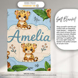 Cute Jungle Animals Lion Tiger Leopard Tropical Leaves Pattern Blue  Personalised Custom Name Super Soft Fleece Blanket Bed Sofa Throw