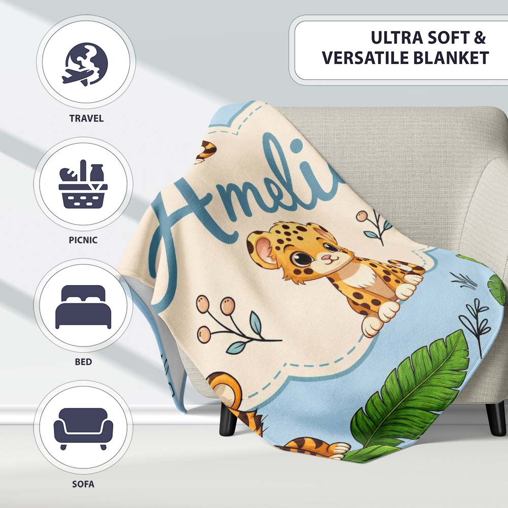 Cute Jungle Animals Lion Tiger Leopard Tropical Leaves Pattern Blue  Personalised Custom Name Super Soft Fleece Blanket Bed Sofa Throw