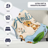 Cute Jungle Animals Lion Tiger Leopard Tropical Leaves Pattern Blue  Personalised Custom Name Super Soft Fleece Blanket Bed Sofa Throw