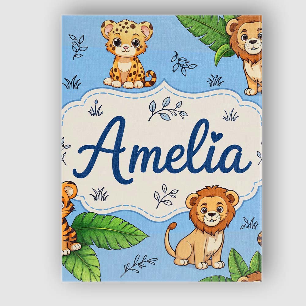 Personalised Name Cute Jungle Animals Lion Custom  Unique Gift Idea Elegant Feature Canvas Wall Art Print Decor Picture Ready to Hang