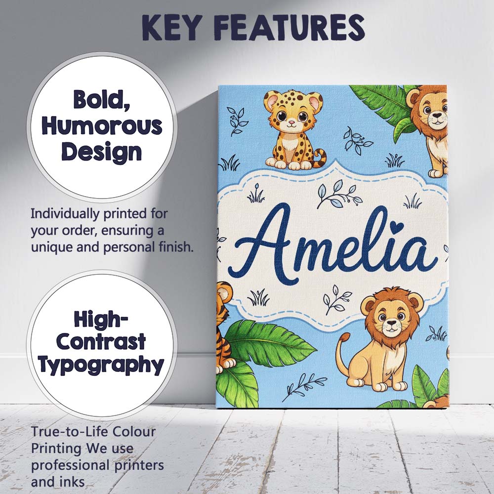 Personalised Name Cute Jungle Animals Lion Custom  Unique Gift Idea Elegant Feature Canvas Wall Art Print Decor Picture Ready to Hang