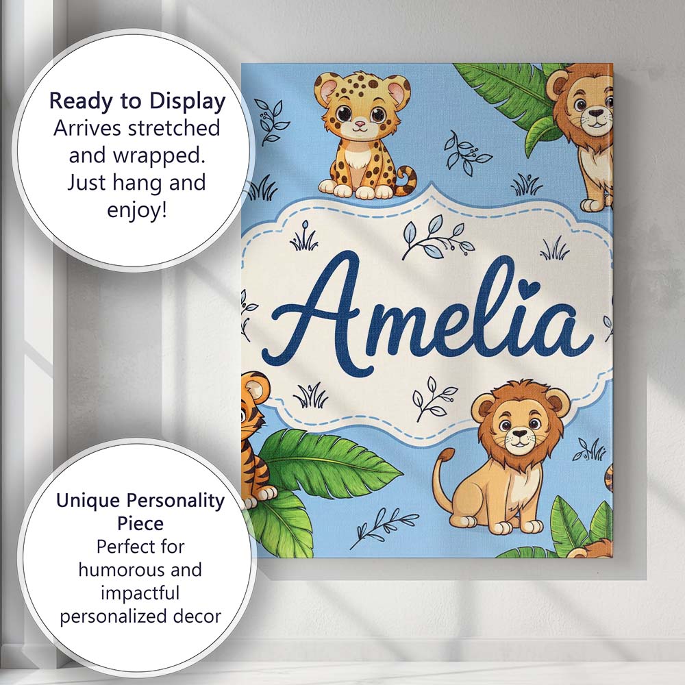 Personalised Name Cute Jungle Animals Lion Custom  Unique Gift Idea Elegant Feature Canvas Wall Art Print Decor Picture Ready to Hang