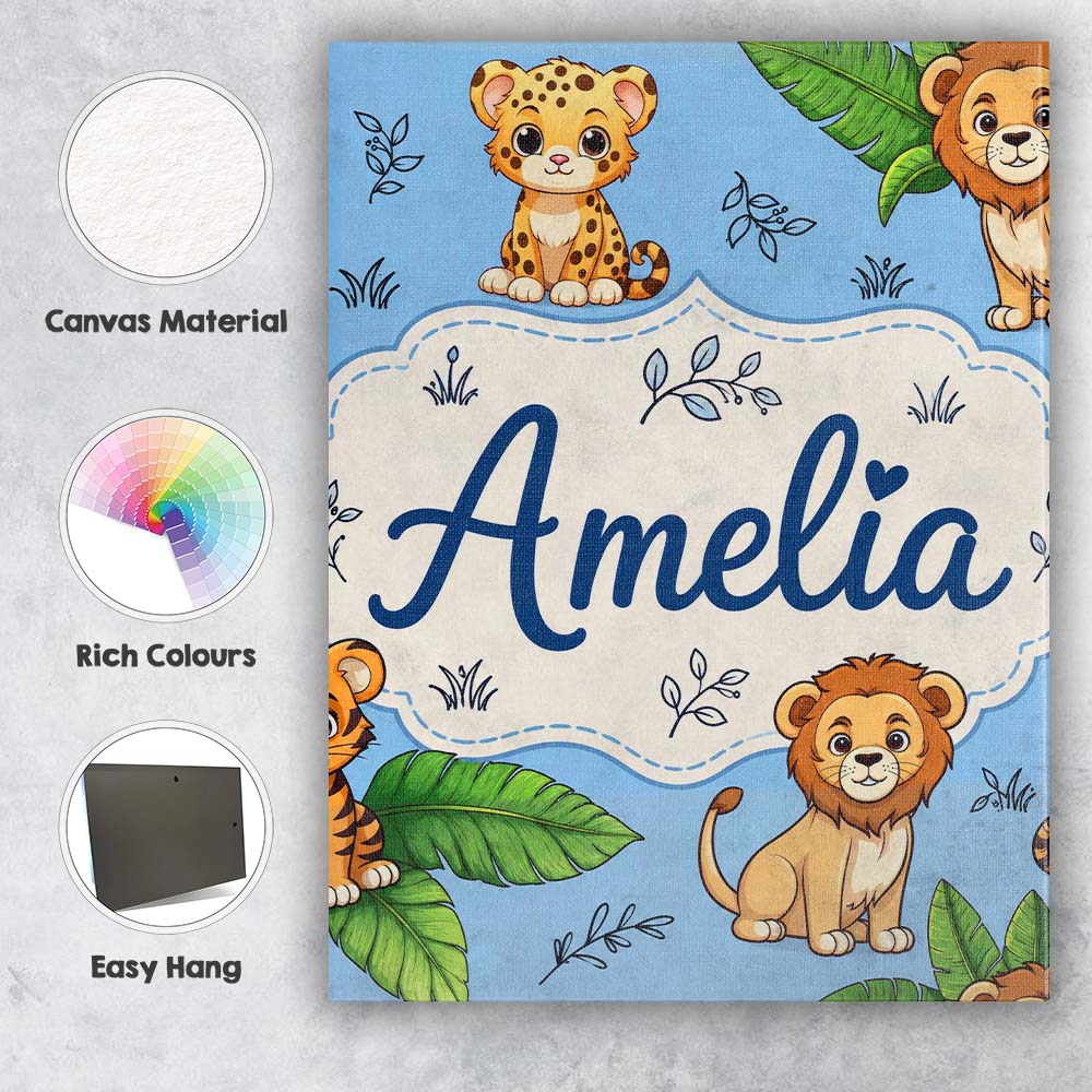 Personalised Name Cute Jungle Animals Lion Custom  Unique Gift Idea Elegant Feature Canvas Wall Art Print Decor Picture Ready to Hang