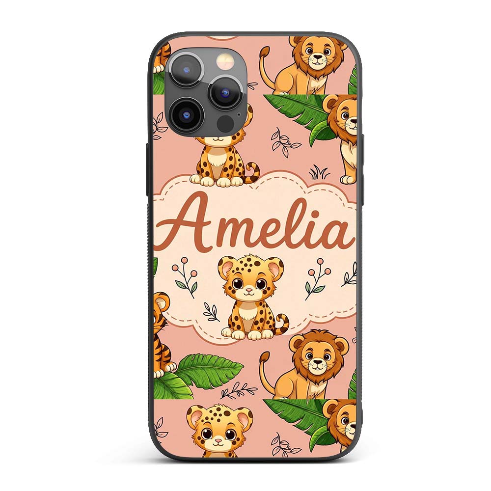 Cute Jungle Animals Lion Tiger Leopard Tropical Custom Name Protective Phone Case Mobile Cover Durable Everyday Smartphone Shock Resistant