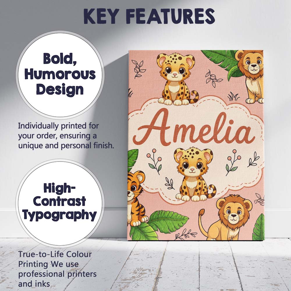 Personalised Name Cute Jungle Animals Lion Custom  Unique Gift Idea Elegant Feature Canvas Wall Art Print Decor Picture Ready to Hang