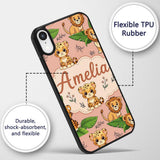 Cute Jungle Animals Lion Tiger Leopard Tropical Custom Name Protective Phone Case Mobile Cover Durable Everyday Smartphone Shock Resistant