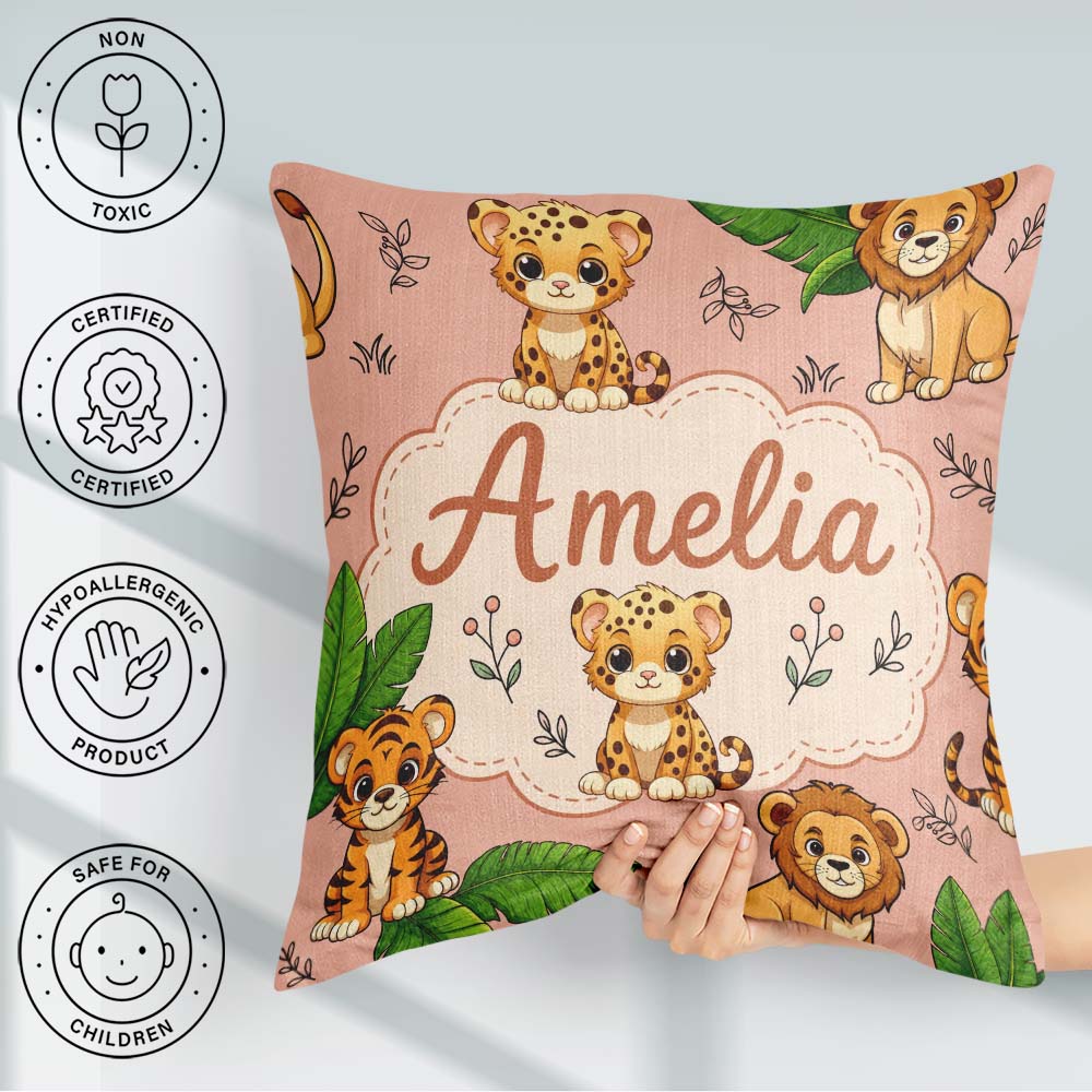 Custom Name Cute Jungle Animals Lion Tiger Tropical Leaves Peach Square Filled Cushion Throw Pillow Sofa Bed Home Decor Zip Washable UK Made