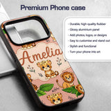 Cute Jungle Animals Lion Tiger Leopard Tropical Custom Name Protective Phone Case Mobile Cover Durable Everyday Smartphone Shock Resistant