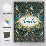 Personalised Name Teal Yellow Songbird Forest Leaves Seamless Dark Custom  Unique Canvas Wall Art Print Decor Picture Ready to Hang